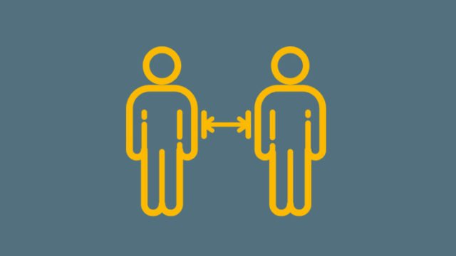 Graphic showing social distancing, two people with an arrow between them